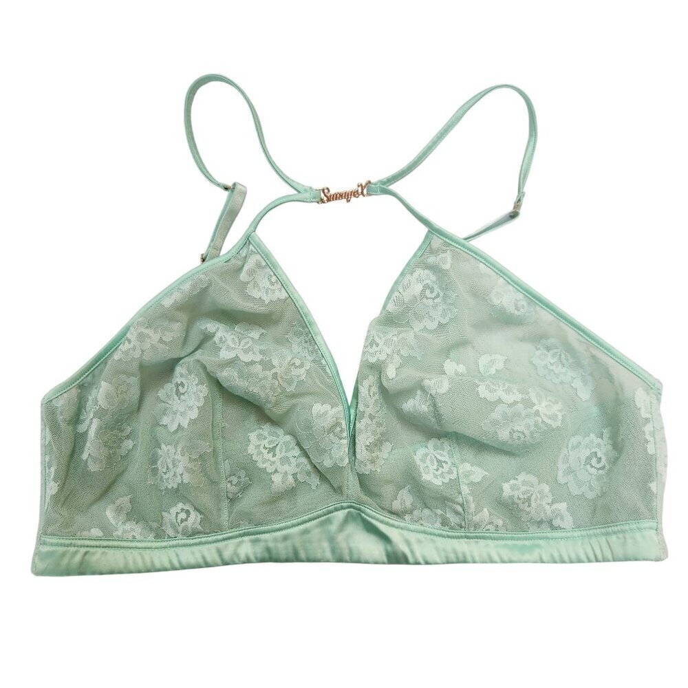 Savage X Fenty Lace Mesh Bra Mint Green Logo Charm Bralette Size XL